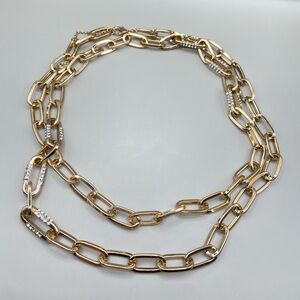 Gold Tone Long Paperclip Necklace with Crystal Accents